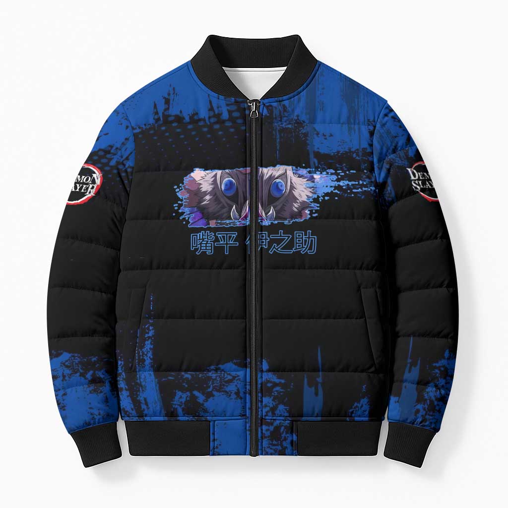 Inosuke Hashibira Demon Slayer Blue Grunge Design Bomber Puffer Jacket with Boar Mask and Dual Sword Pose - The Mazicc