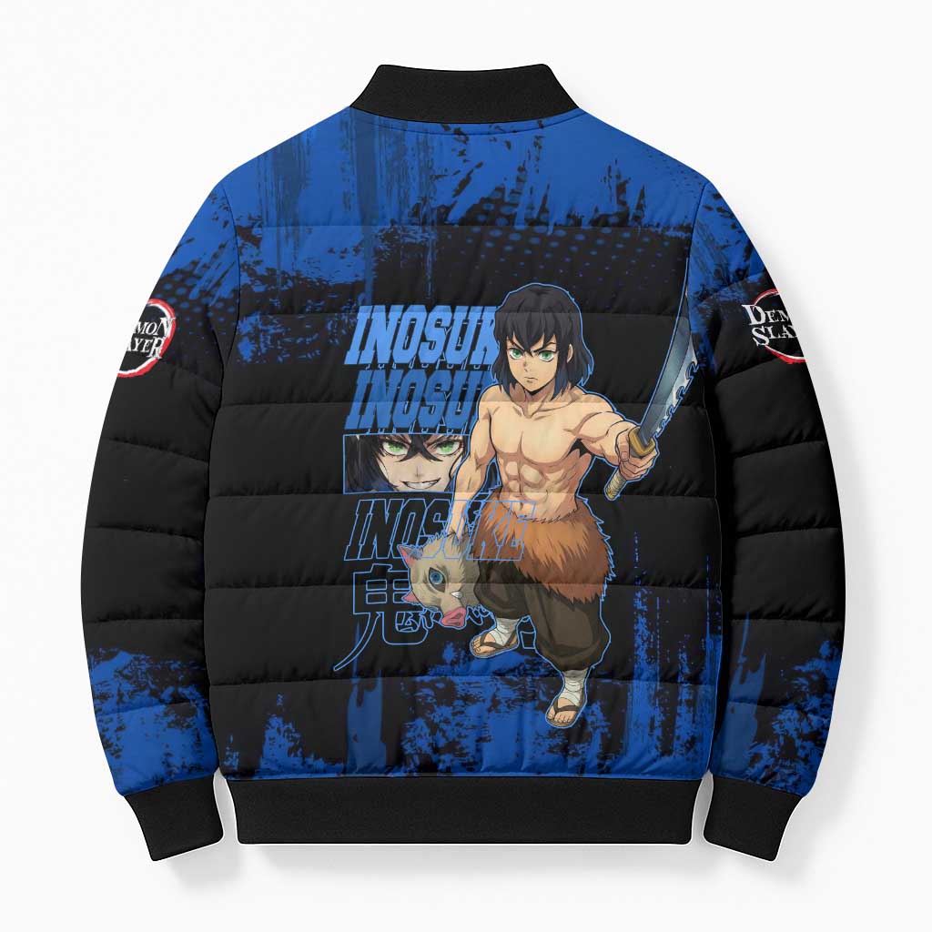 Inosuke Hashibira Demon Slayer Blue Grunge Design Bomber Puffer Jacket with Boar Mask and Dual Sword Pose - The Mazicc