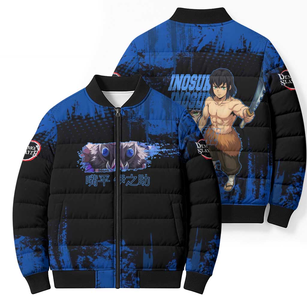 Inosuke Hashibira Demon Slayer Blue Grunge Design Bomber Puffer Jacket with Boar Mask and Dual Sword Pose - The Mazicc