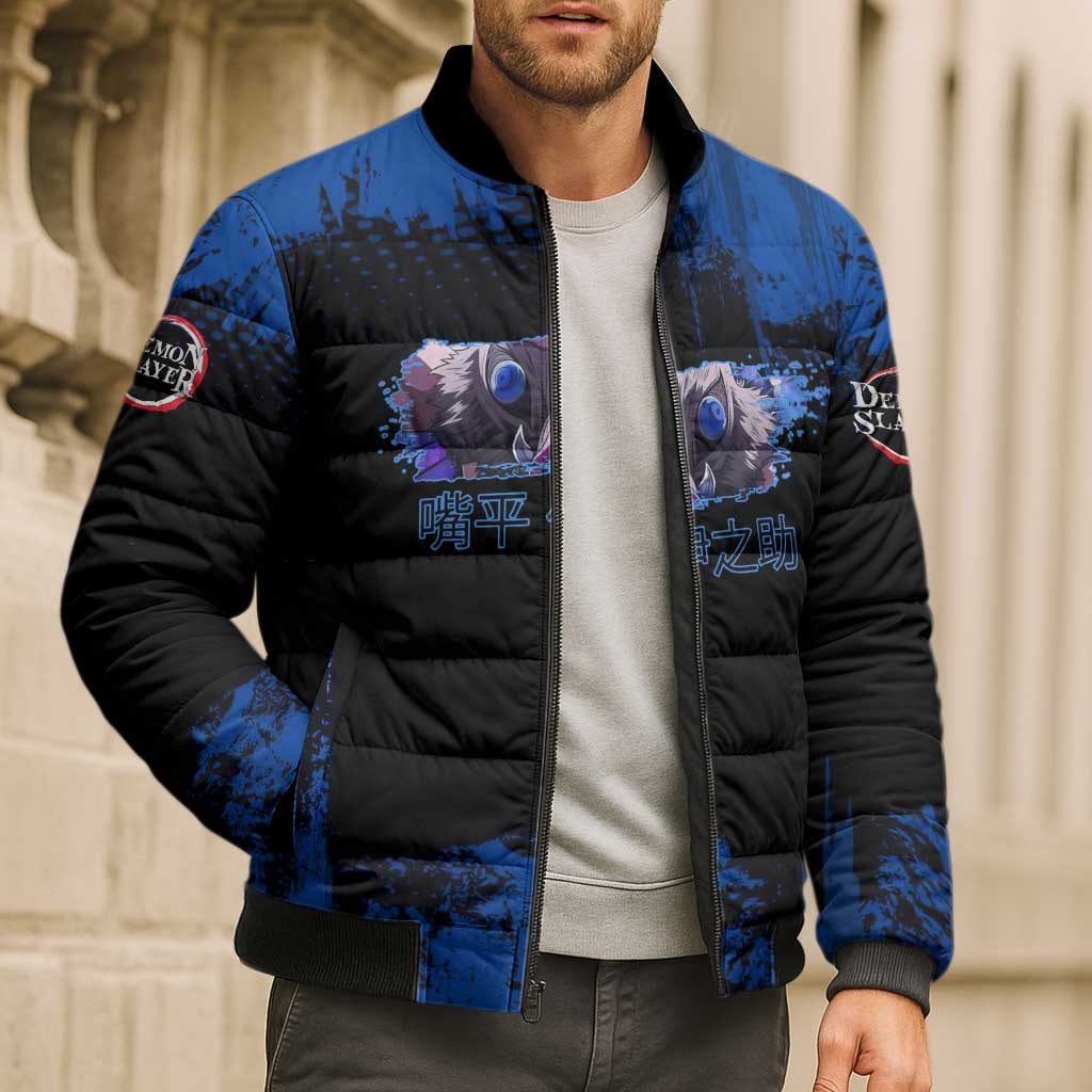 Inosuke Hashibira Demon Slayer Blue Grunge Design Bomber Puffer Jacket with Boar Mask and Dual Sword Pose - The Mazicc