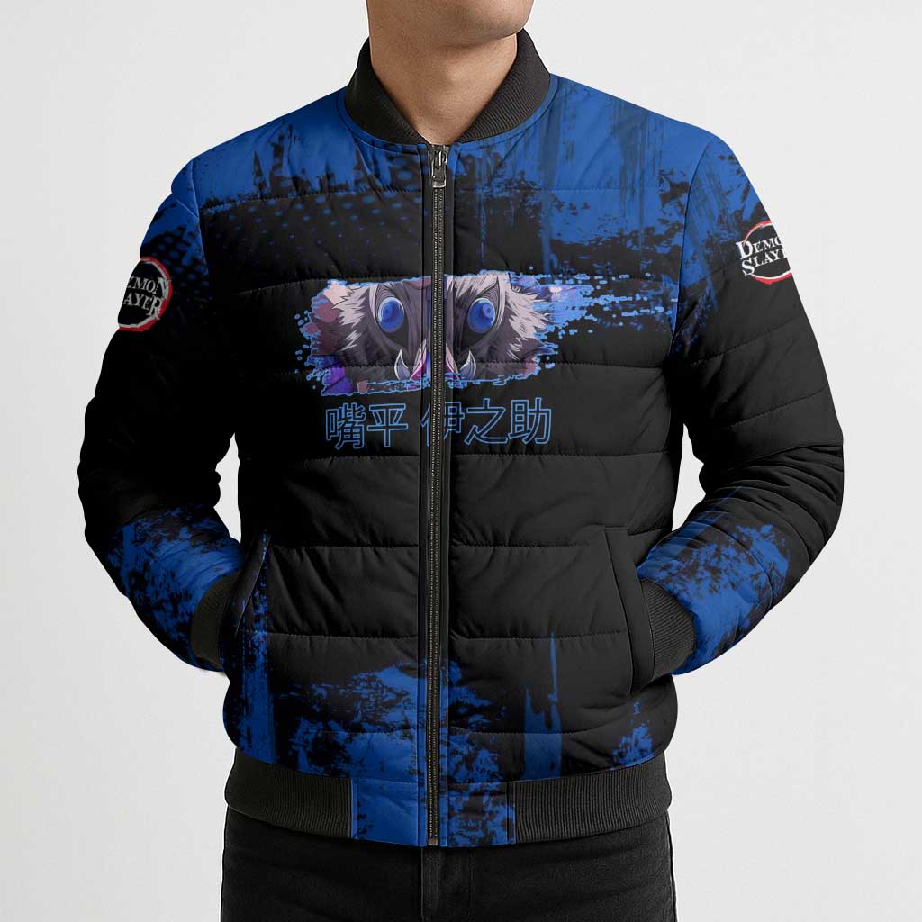 Inosuke Hashibira Demon Slayer Blue Grunge Design Bomber Puffer Jacket with Boar Mask and Dual Sword Pose - The Mazicc