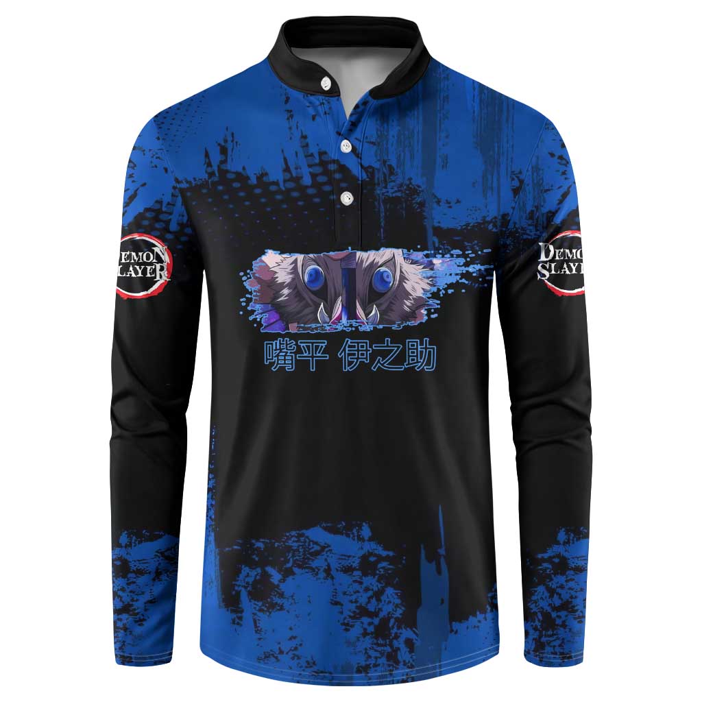 Inosuke Hashibira Demon Slayer Blue Grunge Design Button Sweatshirt with Boar Mask and Dual Sword Pose - The Mazicc
