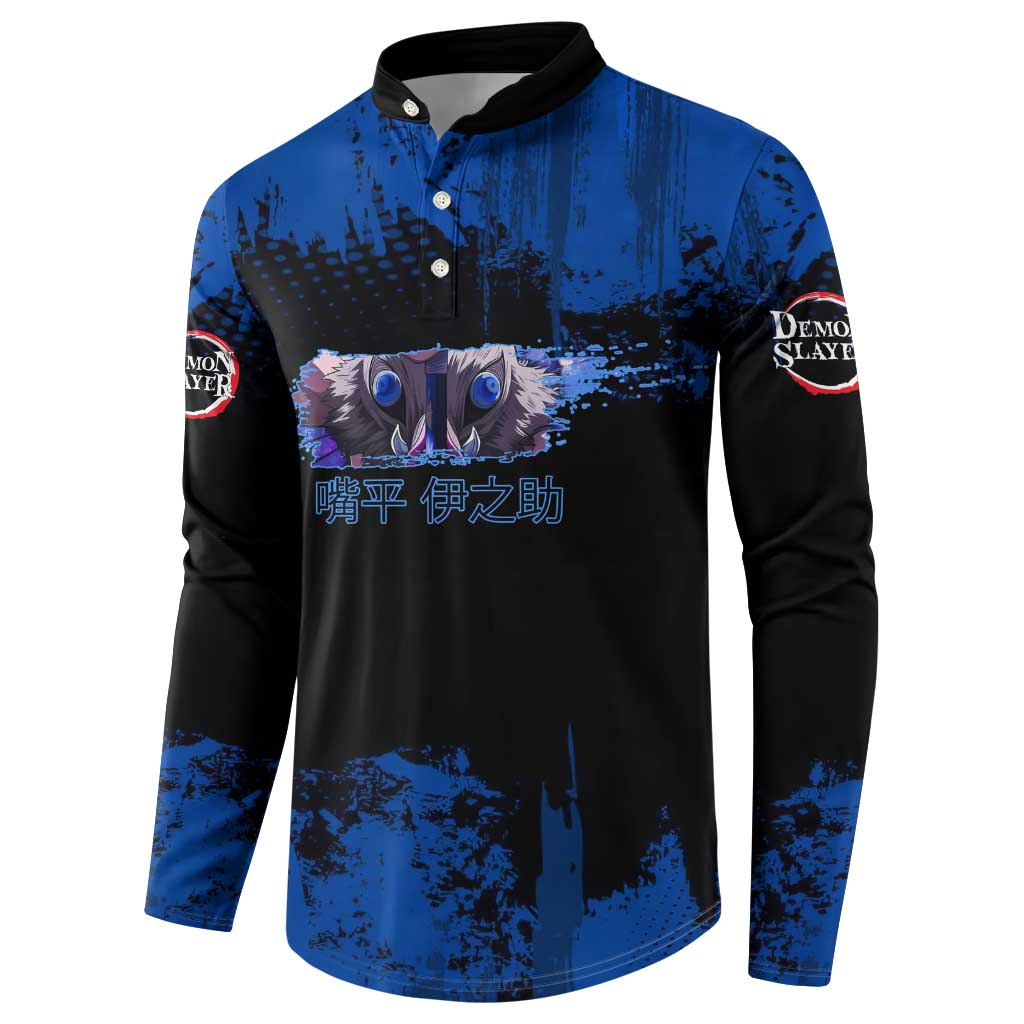 Inosuke Hashibira Demon Slayer Blue Grunge Design Button Sweatshirt with Boar Mask and Dual Sword Pose - The Mazicc