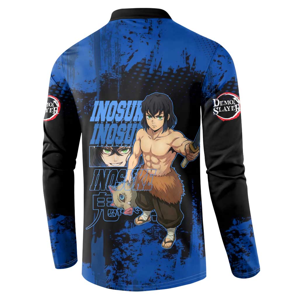 Inosuke Hashibira Demon Slayer Blue Grunge Design Button Sweatshirt with Boar Mask and Dual Sword Pose - The Mazicc