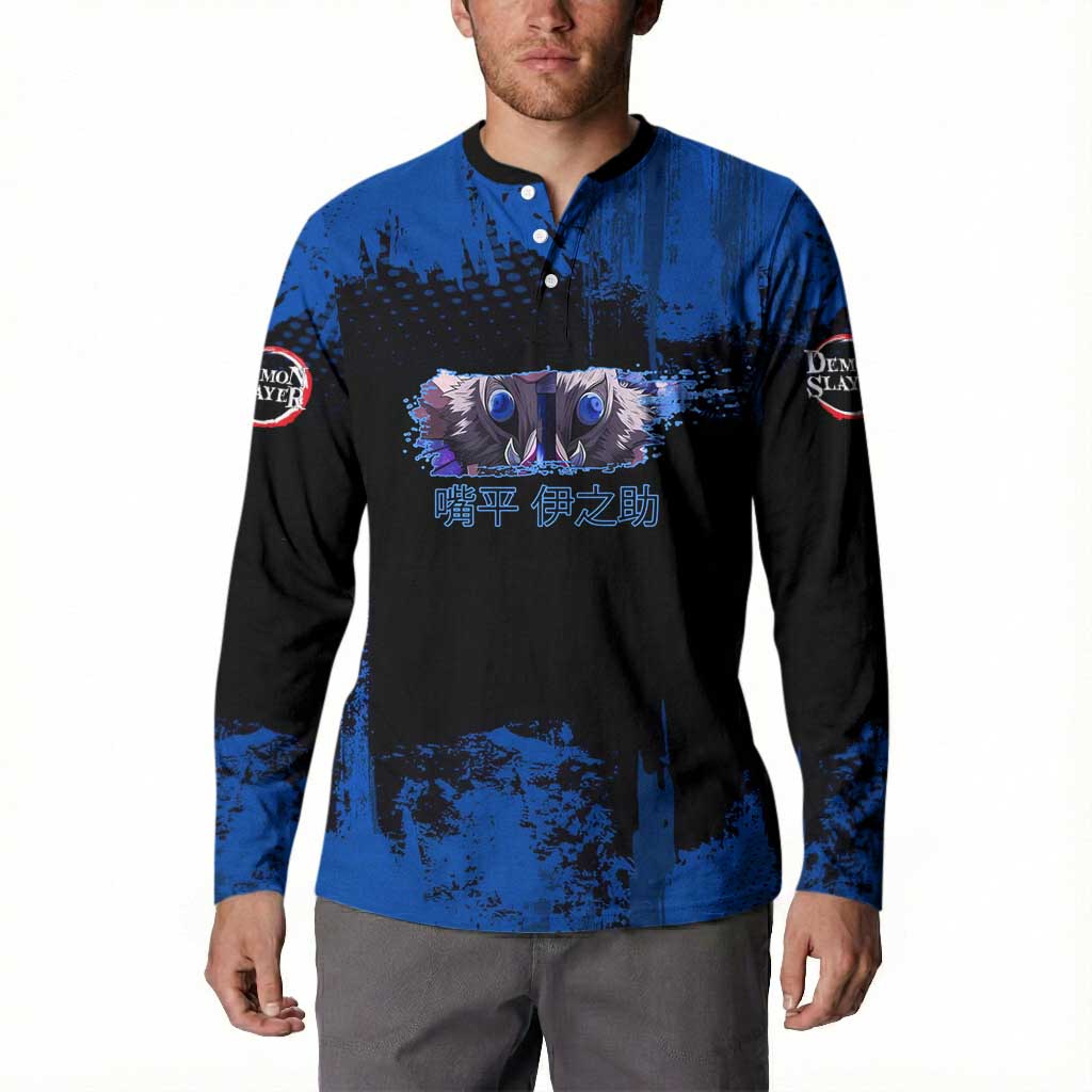 Inosuke Hashibira Demon Slayer Blue Grunge Design Button Sweatshirt with Boar Mask and Dual Sword Pose - The Mazicc