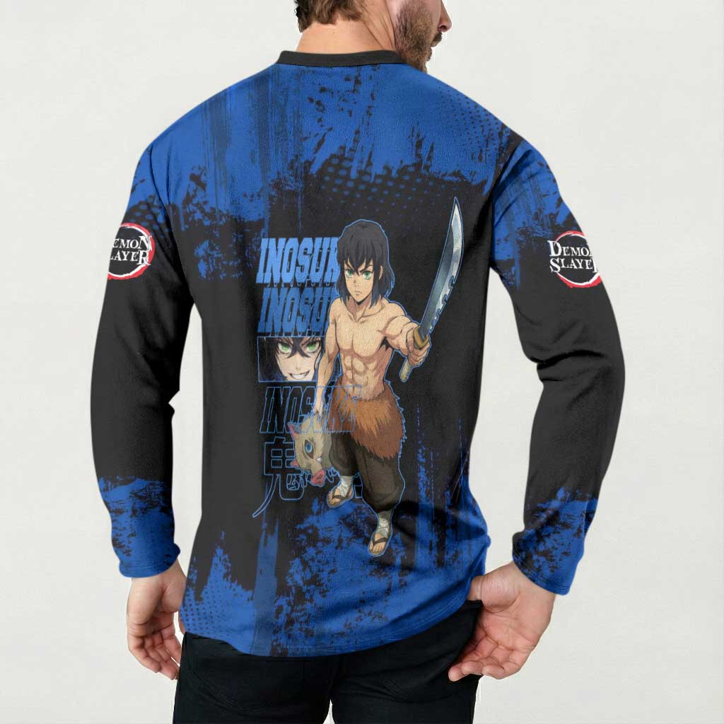 Inosuke Hashibira Demon Slayer Blue Grunge Design Button Sweatshirt with Boar Mask and Dual Sword Pose - The Mazicc