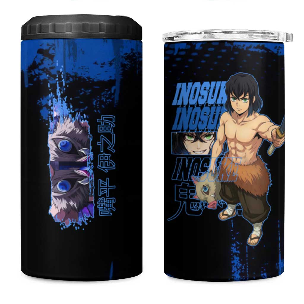 Inosuke Hashibira Demon Slayer Blue Grunge Design 4 in 1 Can Cooler Tumbler with Boar Mask and Dual Sword Pose - The Mazicc