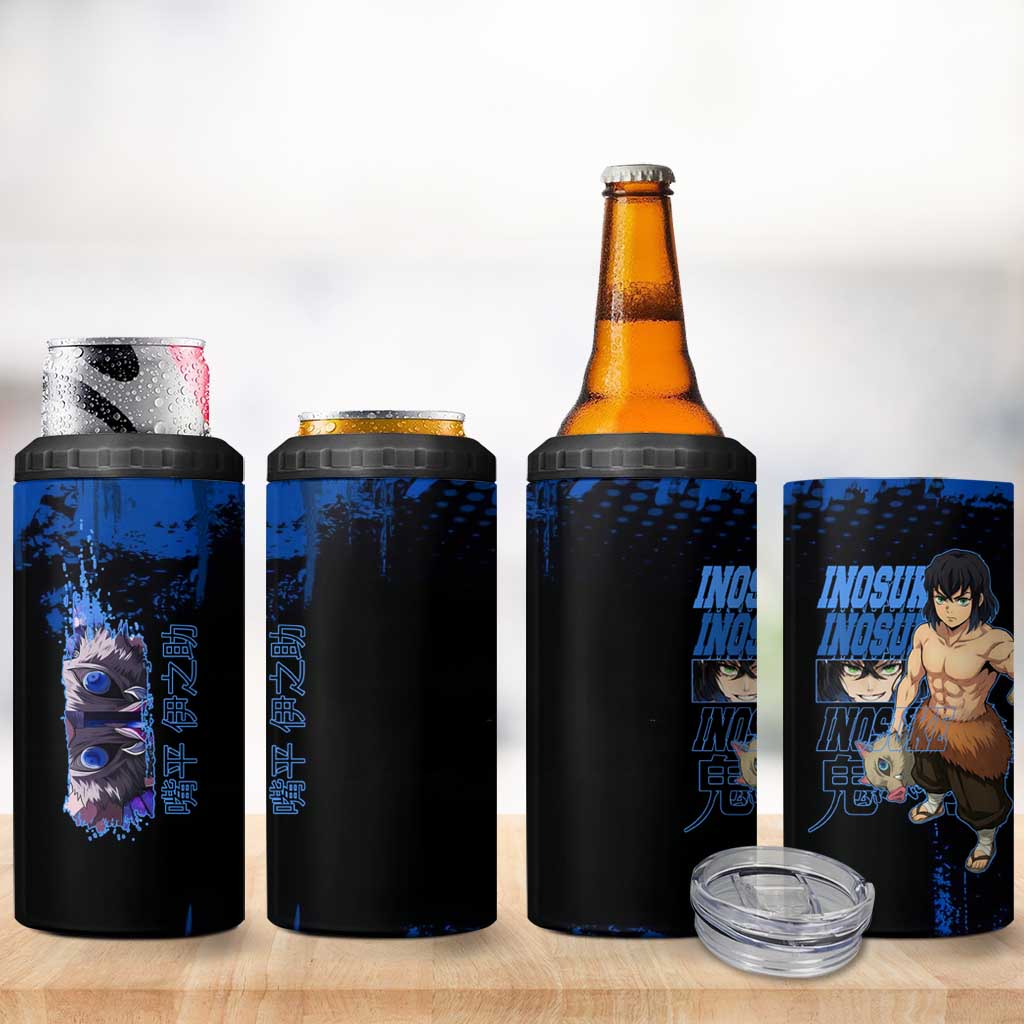 Inosuke Hashibira Demon Slayer Blue Grunge Design 4 in 1 Can Cooler Tumbler with Boar Mask and Dual Sword Pose - The Mazicc