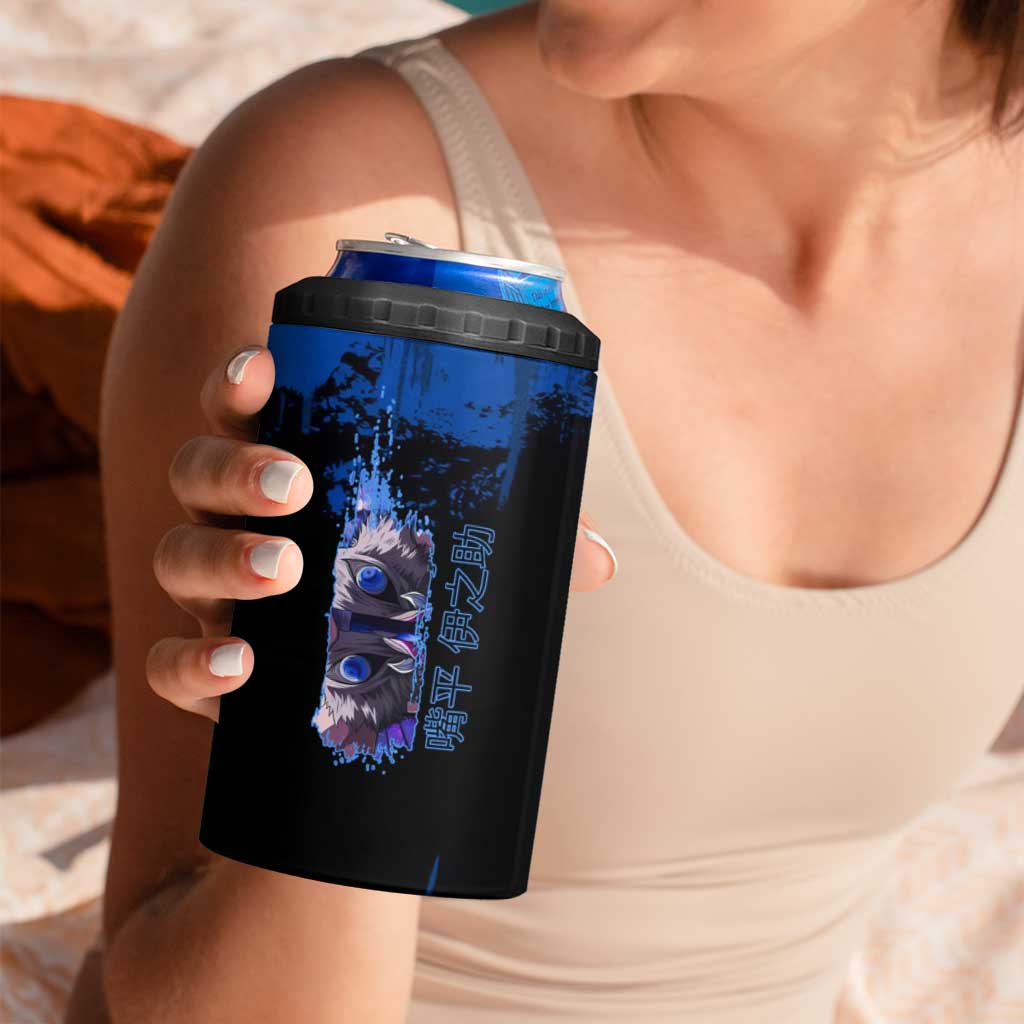 Inosuke Hashibira Demon Slayer Blue Grunge Design 4 in 1 Can Cooler Tumbler with Boar Mask and Dual Sword Pose - The Mazicc