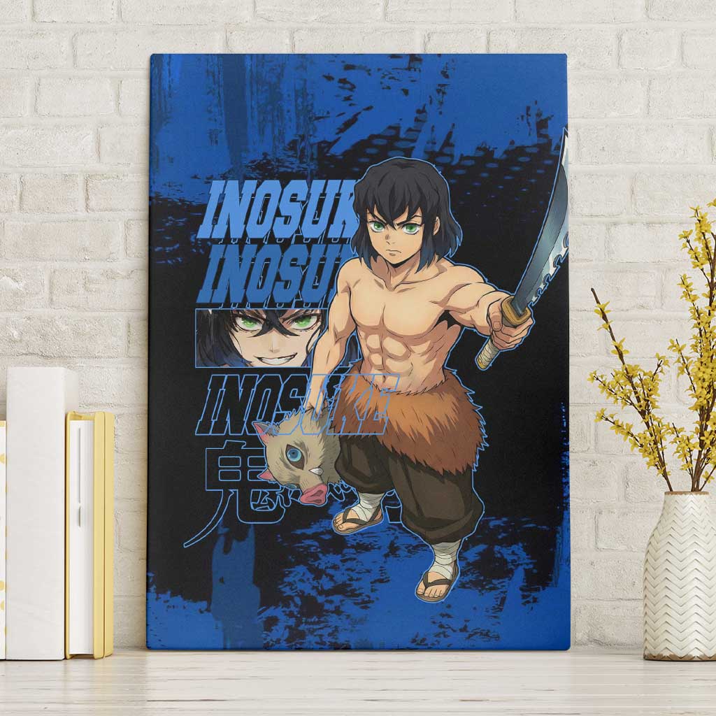 Inosuke Hashibira Demon Slayer Blue Grunge Design Canvas Wall Art with Boar Mask and Dual Sword Pose - The Mazicc