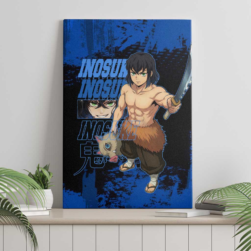 Inosuke Hashibira Demon Slayer Blue Grunge Design Canvas Wall Art with Boar Mask and Dual Sword Pose - The Mazicc