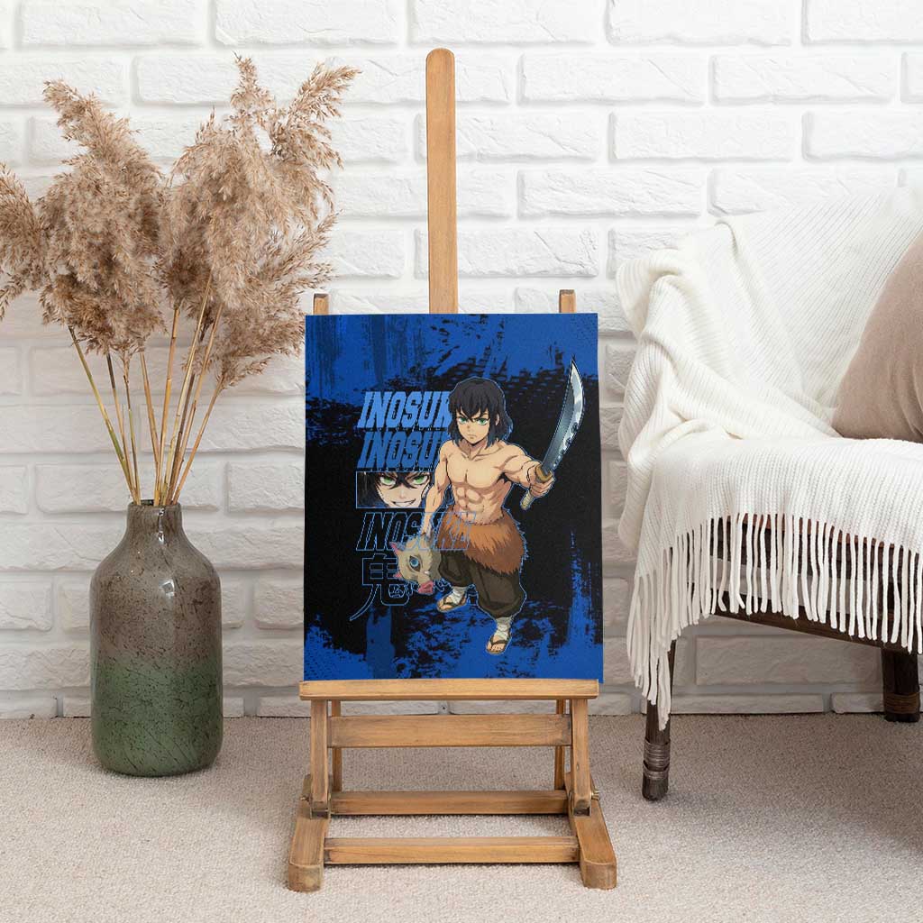 Inosuke Hashibira Demon Slayer Blue Grunge Design Canvas Wall Art with Boar Mask and Dual Sword Pose - The Mazicc