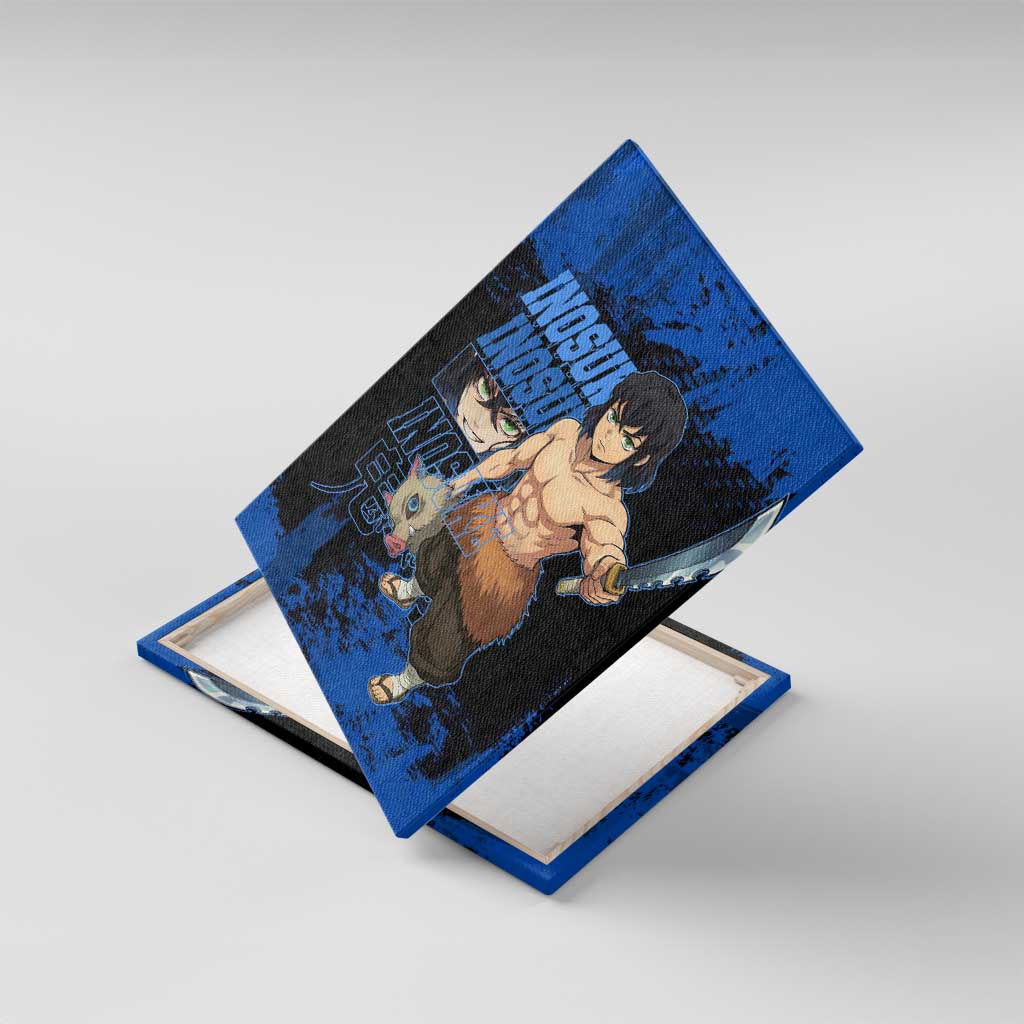 Inosuke Hashibira Demon Slayer Blue Grunge Design Canvas Wall Art with Boar Mask and Dual Sword Pose - The Mazicc