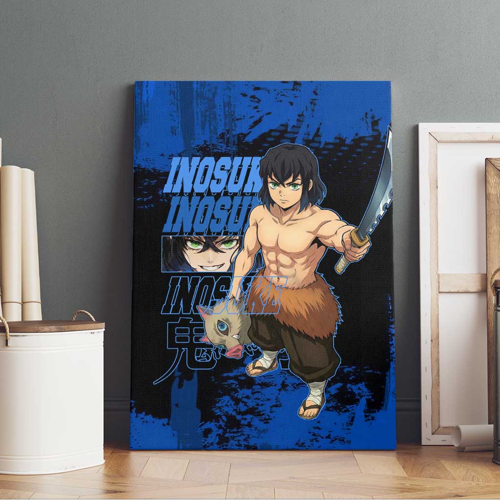 Inosuke Hashibira Demon Slayer Blue Grunge Design Canvas Wall Art with Boar Mask and Dual Sword Pose - The Mazicc