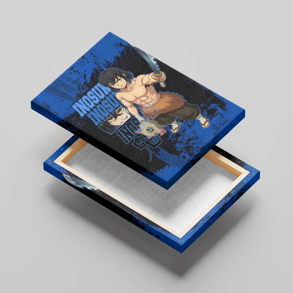 Inosuke Hashibira Demon Slayer Blue Grunge Design Canvas Wall Art with Boar Mask and Dual Sword Pose - The Mazicc