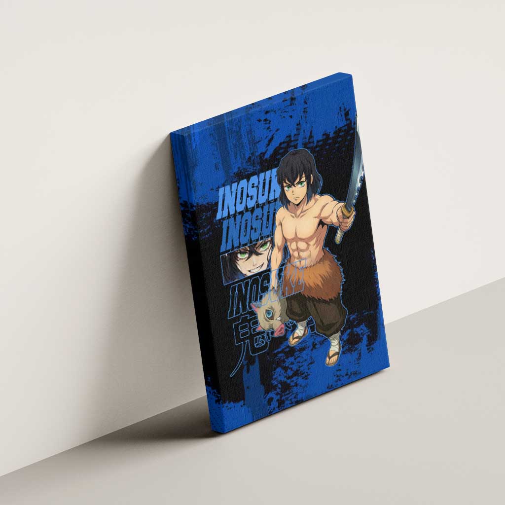 Inosuke Hashibira Demon Slayer Blue Grunge Design Canvas Wall Art with Boar Mask and Dual Sword Pose - The Mazicc
