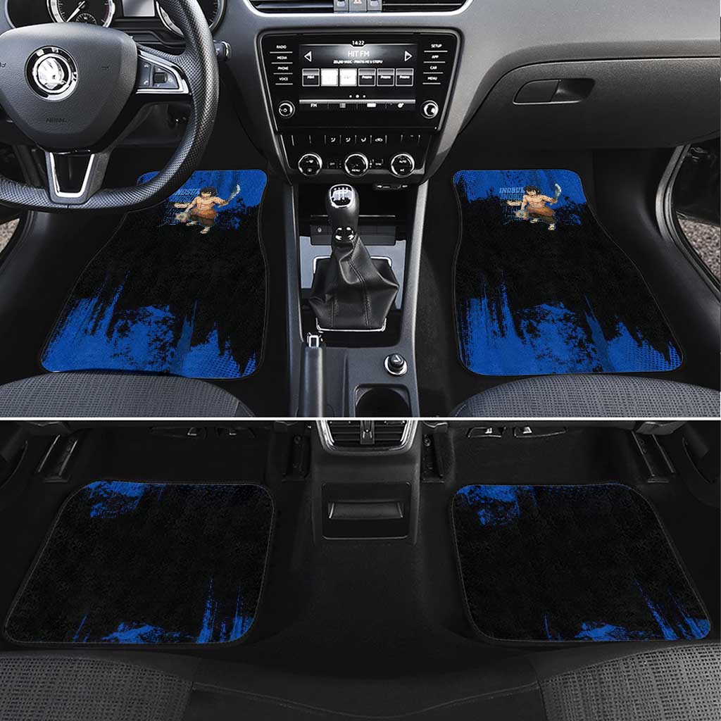 Inosuke Hashibira Demon Slayer Blue Grunge Design Car Mats with Boar Mask and Dual Sword Pose - The Mazicc