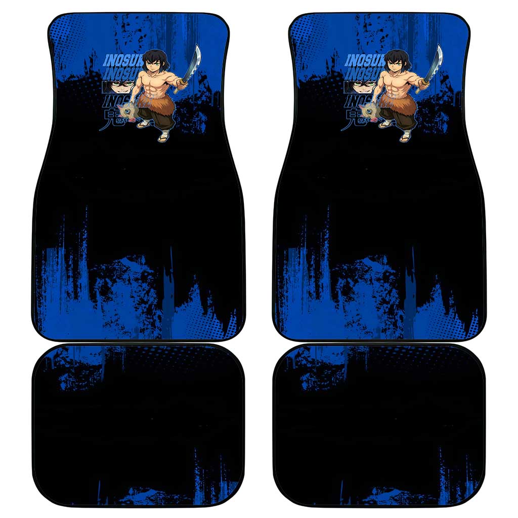 Inosuke Hashibira Demon Slayer Blue Grunge Design Car Mats with Boar Mask and Dual Sword Pose - The Mazicc