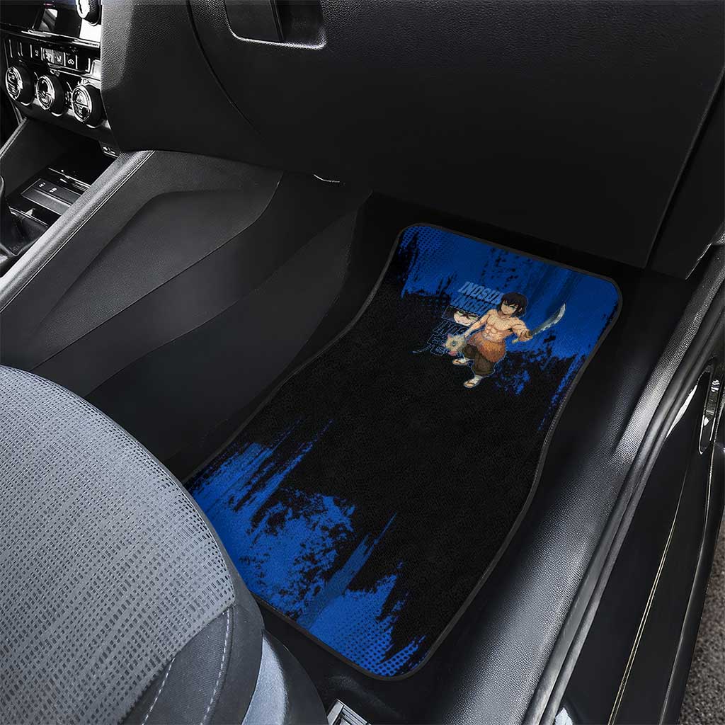 Inosuke Hashibira Demon Slayer Blue Grunge Design Car Mats with Boar Mask and Dual Sword Pose - The Mazicc