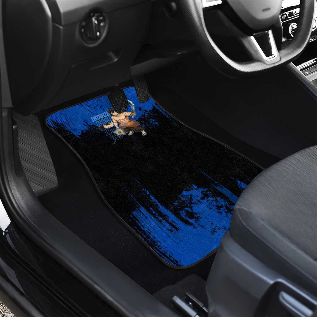 Inosuke Hashibira Demon Slayer Blue Grunge Design Car Mats with Boar Mask and Dual Sword Pose - The Mazicc