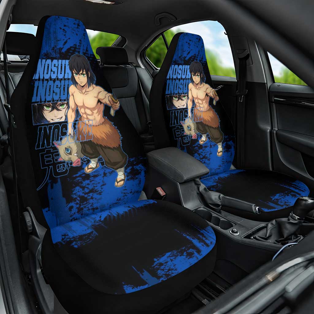 Inosuke Hashibira Demon Slayer Blue Grunge Design Car Seat Cover with Boar Mask and Dual Sword Pose - The Mazicc