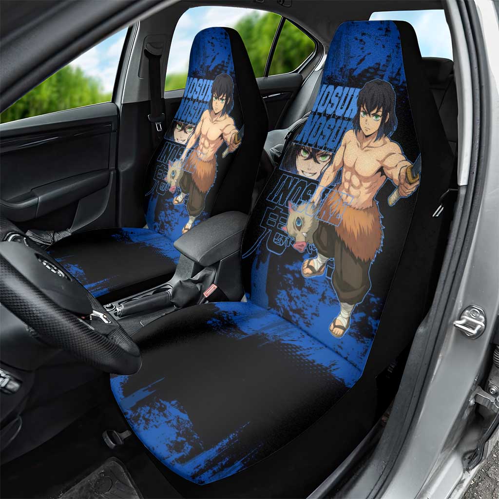 Inosuke Hashibira Demon Slayer Blue Grunge Design Car Seat Cover with Boar Mask and Dual Sword Pose - The Mazicc