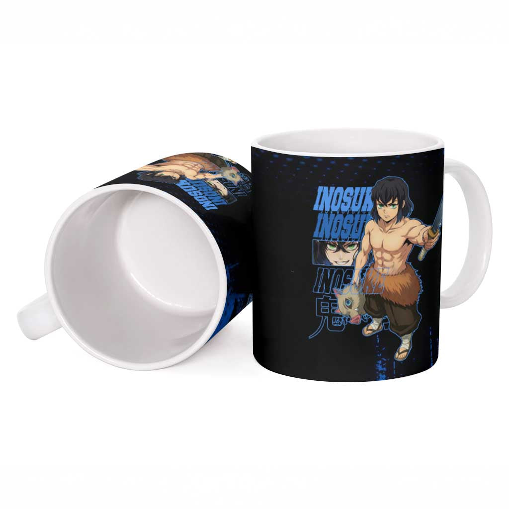 Inosuke Hashibira Demon Slayer Blue Grunge Design Ceramic Mug with Boar Mask and Dual Sword Pose - The Mazicc