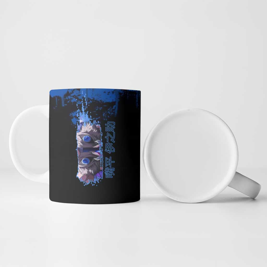 Inosuke Hashibira Demon Slayer Blue Grunge Design Ceramic Mug with Boar Mask and Dual Sword Pose - The Mazicc