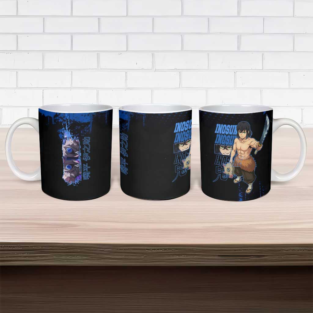 Inosuke Hashibira Demon Slayer Blue Grunge Design Ceramic Mug with Boar Mask and Dual Sword Pose - The Mazicc