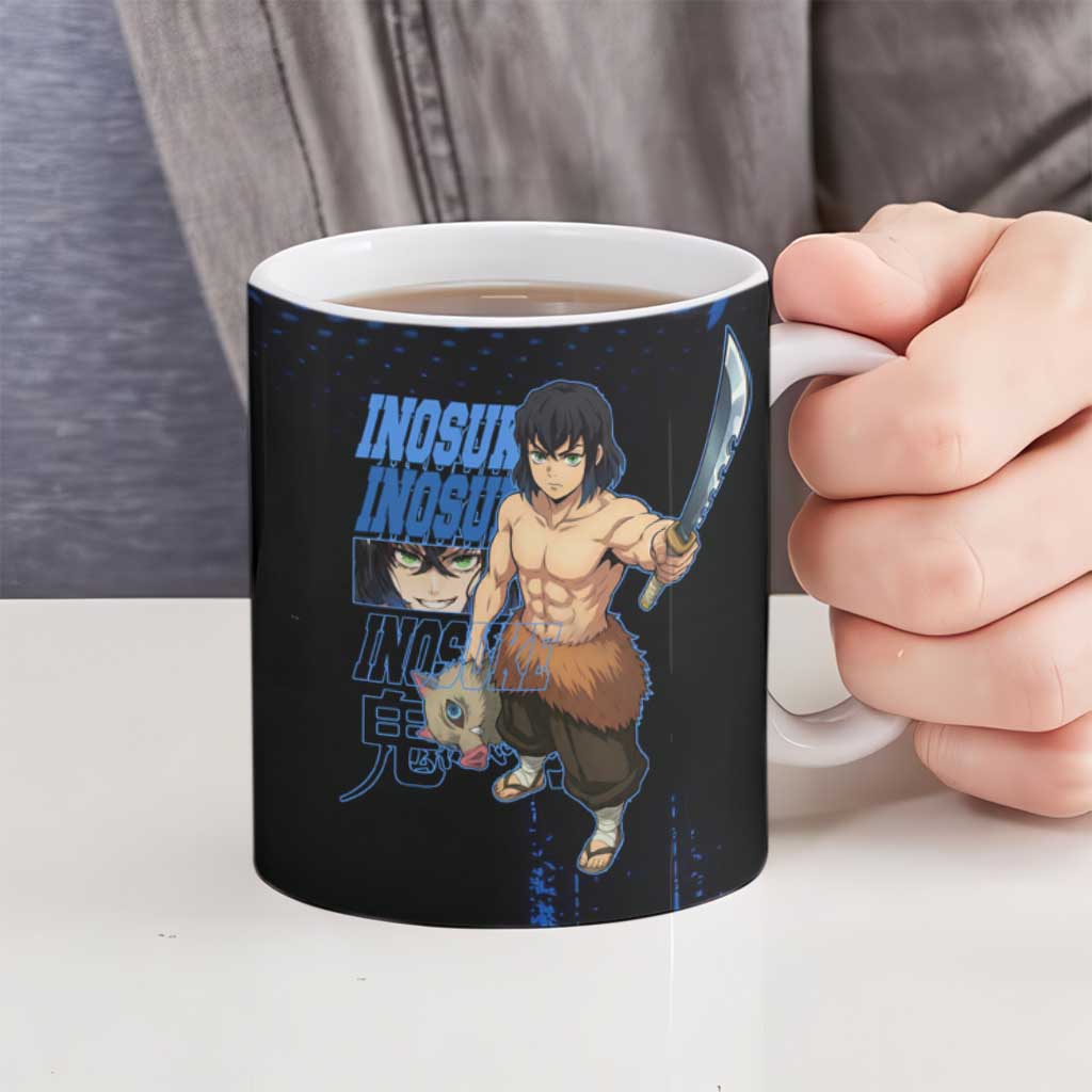 Inosuke Hashibira Demon Slayer Blue Grunge Design Ceramic Mug with Boar Mask and Dual Sword Pose - The Mazicc