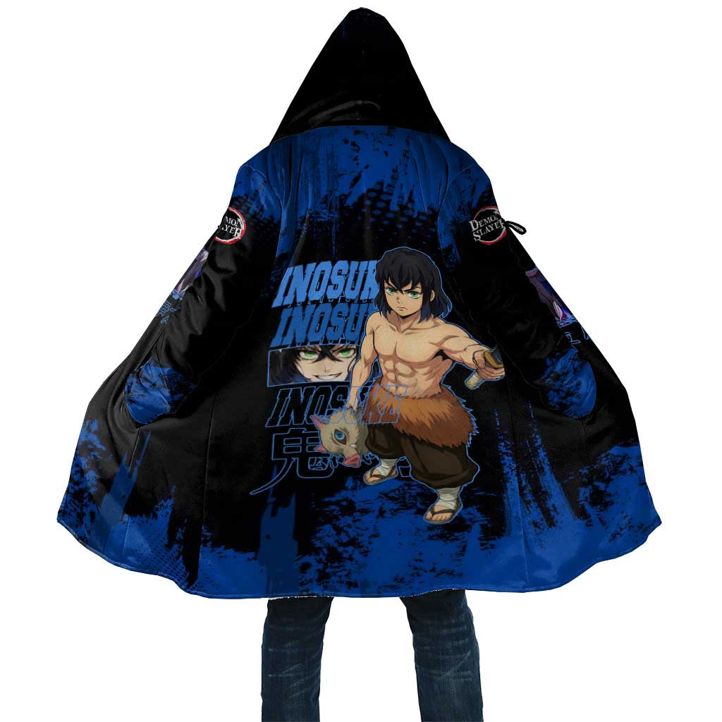Inosuke Hashibira Demon Slayer Blue Grunge Design Cloak with Boar Mask and Dual Sword Pose - The Mazicc
