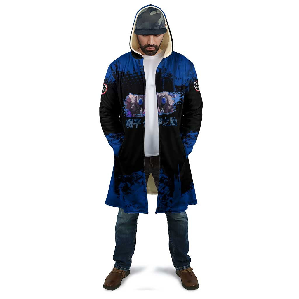 Inosuke Hashibira Demon Slayer Blue Grunge Design Cloak with Boar Mask and Dual Sword Pose - The Mazicc