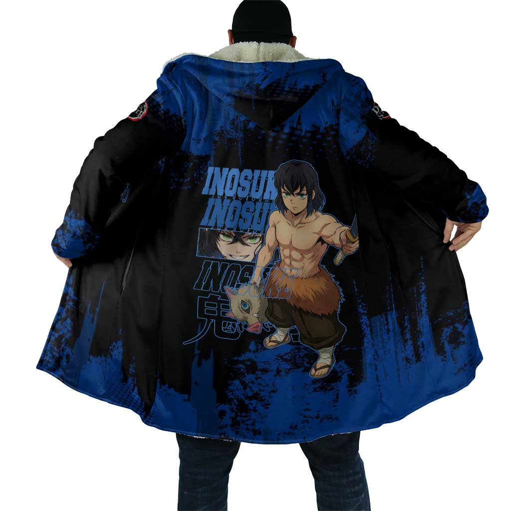 Inosuke Hashibira Demon Slayer Blue Grunge Design Cloak with Boar Mask and Dual Sword Pose - The Mazicc