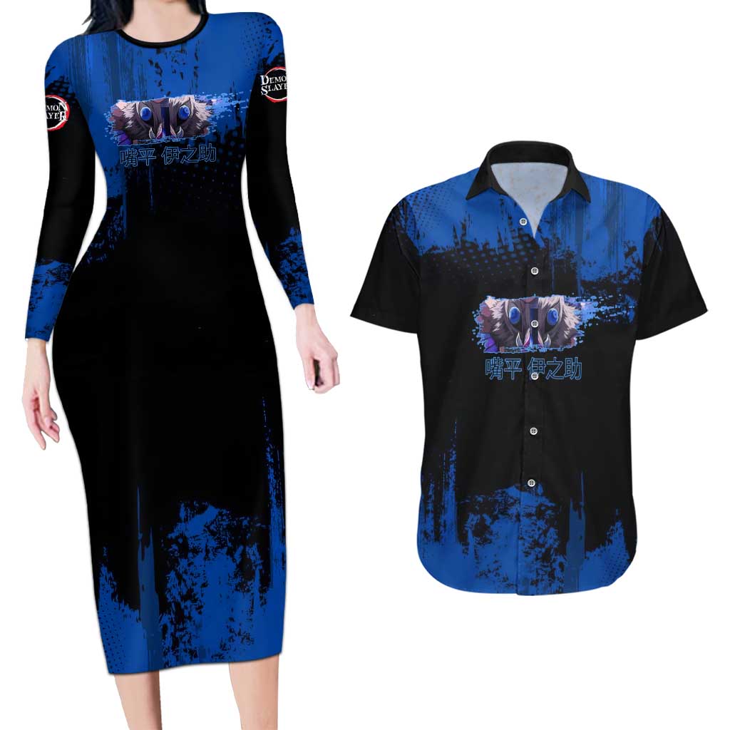 Inosuke Hashibira Demon Slayer Blue Grunge Design Couples Matching Long Sleeve Bodycon Dress and Hawaiian Shirt with Boar Mask and Dual Sword Pose - The Mazicc