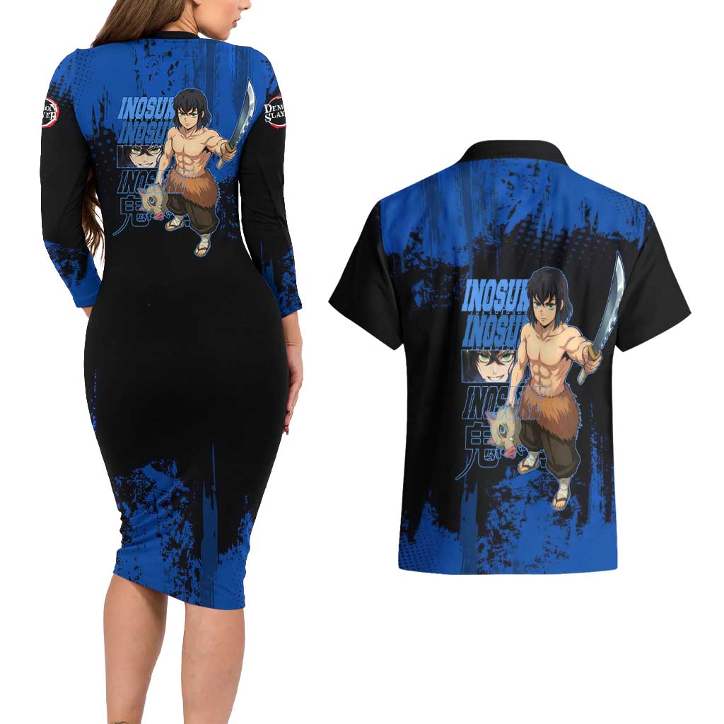 Inosuke Hashibira Demon Slayer Blue Grunge Design Couples Matching Long Sleeve Bodycon Dress and Hawaiian Shirt with Boar Mask and Dual Sword Pose - The Mazicc