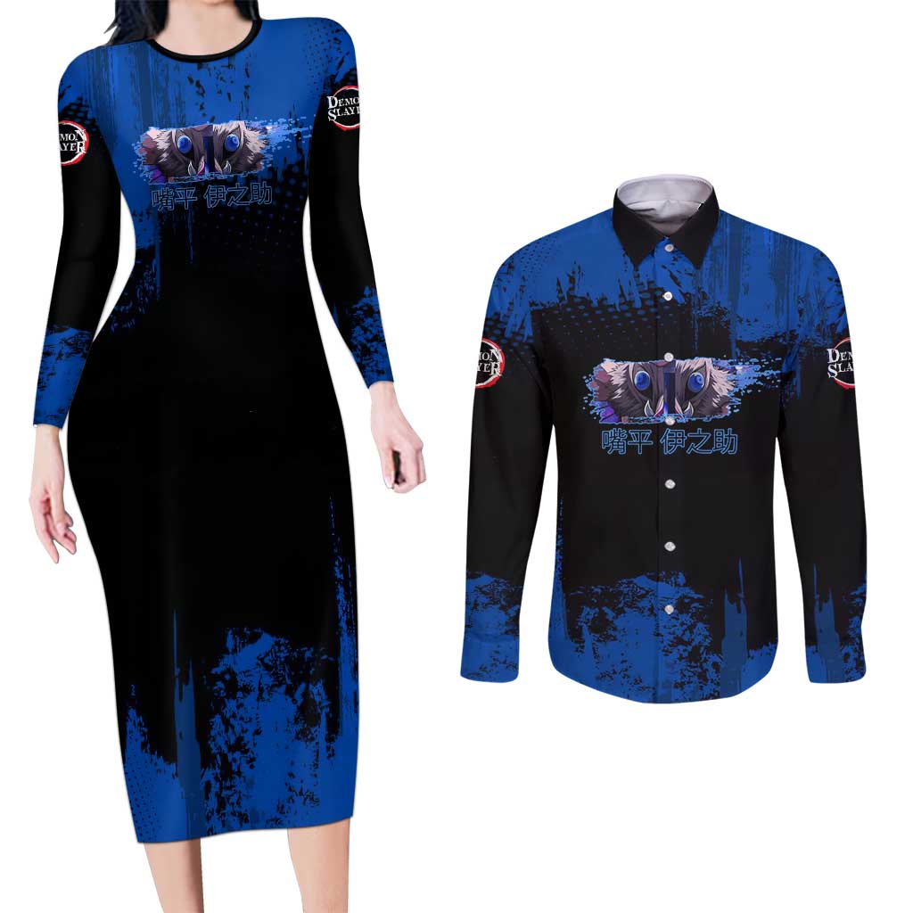 Inosuke Hashibira Demon Slayer Blue Grunge Design Couples Matching Long Sleeve Bodycon Dress and Long Sleeve Button Shirt with Boar Mask and Dual Sword Pose - The Mazicc