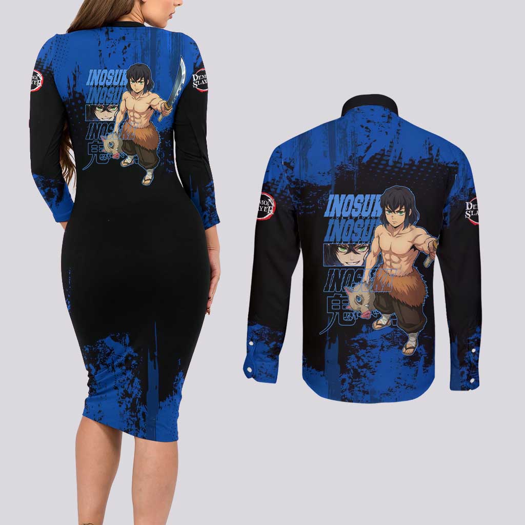 Inosuke Hashibira Demon Slayer Blue Grunge Design Couples Matching Long Sleeve Bodycon Dress and Long Sleeve Button Shirt with Boar Mask and Dual Sword Pose - The Mazicc