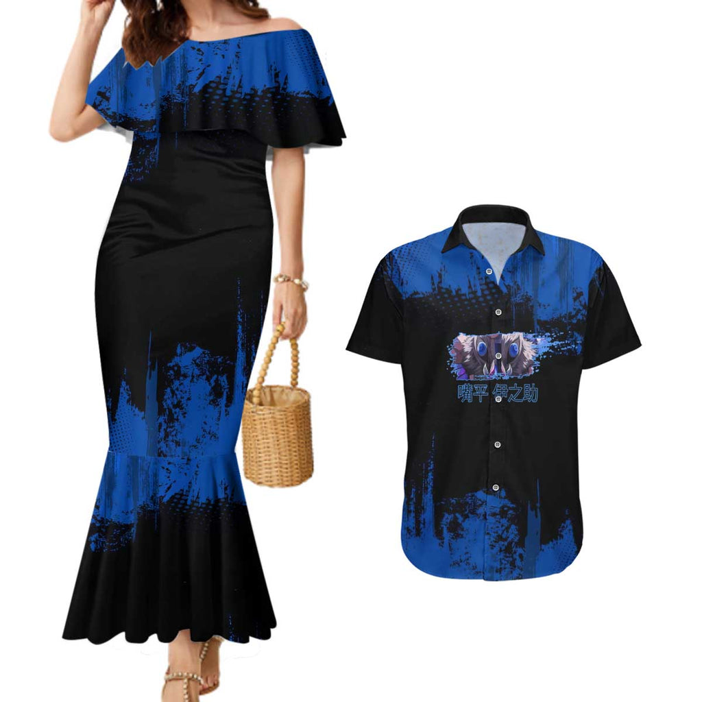 Inosuke Hashibira Demon Slayer Blue Grunge Design Couples Matching Mermaid Dress and Hawaiian Shirt with Boar Mask and Dual Sword Pose - The Mazicc
