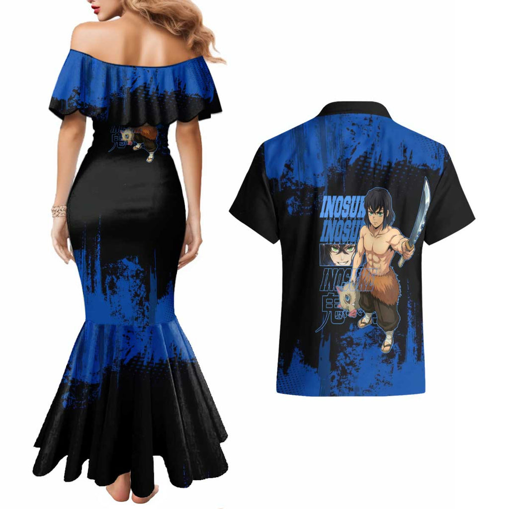 Inosuke Hashibira Demon Slayer Blue Grunge Design Couples Matching Mermaid Dress and Hawaiian Shirt with Boar Mask and Dual Sword Pose - The Mazicc
