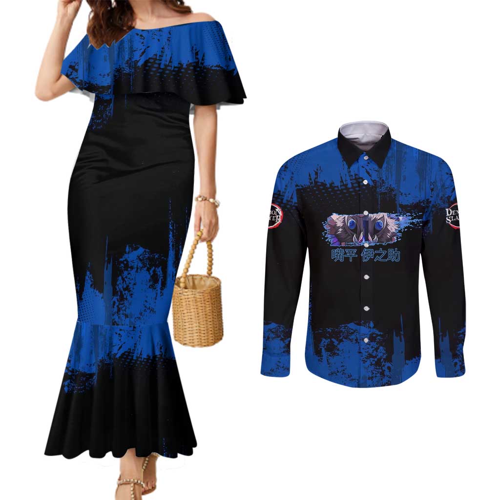 Inosuke Hashibira Demon Slayer Blue Grunge Design Couples Matching Mermaid Dress and Long Sleeve Button Shirt with Boar Mask and Dual Sword Pose - The Mazicc
