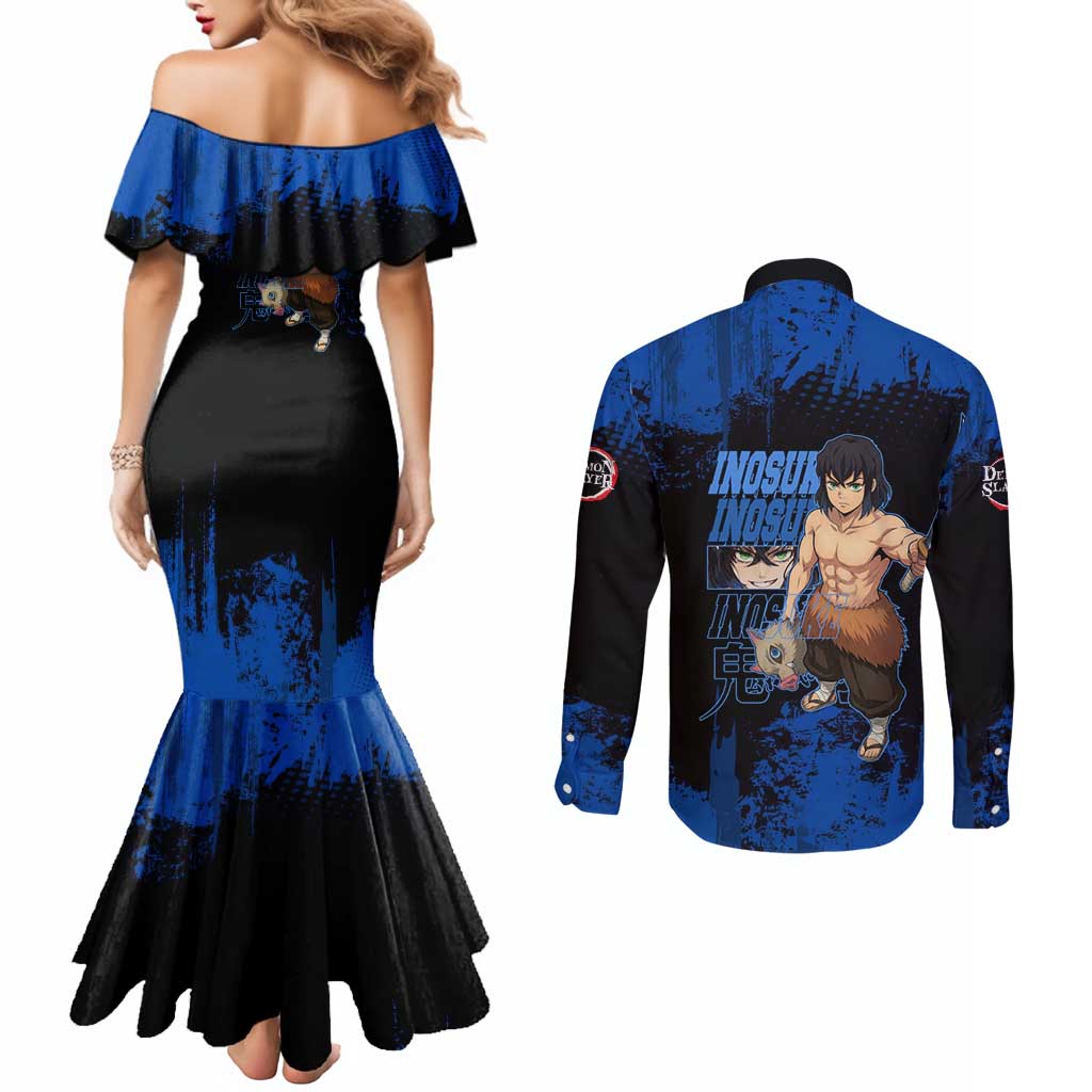 Inosuke Hashibira Demon Slayer Blue Grunge Design Couples Matching Mermaid Dress and Long Sleeve Button Shirt with Boar Mask and Dual Sword Pose - The Mazicc