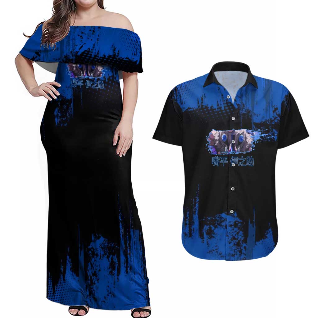 Inosuke Hashibira Demon Slayer Blue Grunge Design Couples Matching Off Shoulder Maxi Dress and Hawaiian Shirt with Boar Mask and Dual Sword Pose - The Mazicc