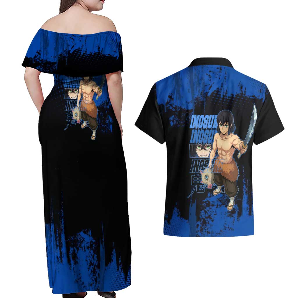 Inosuke Hashibira Demon Slayer Blue Grunge Design Couples Matching Off Shoulder Maxi Dress and Hawaiian Shirt with Boar Mask and Dual Sword Pose - The Mazicc