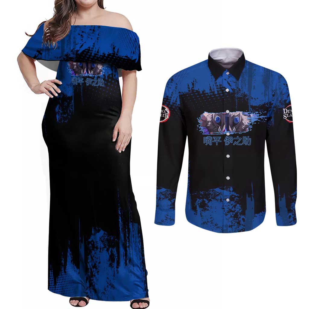 Inosuke Hashibira Demon Slayer Blue Grunge Design Couples Matching Off Shoulder Maxi Dress and Long Sleeve Button Shirt with Boar Mask and Dual Sword Pose - The Mazicc