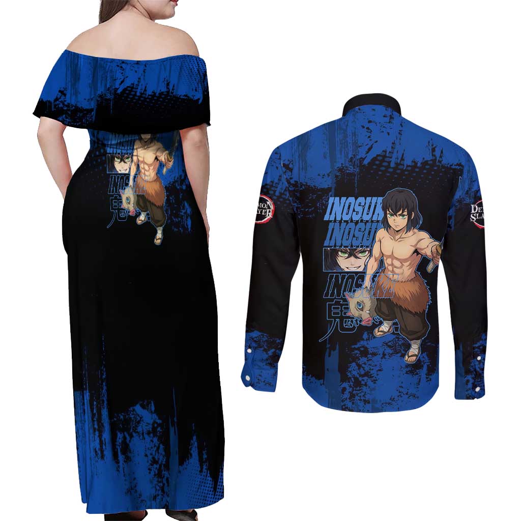 Inosuke Hashibira Demon Slayer Blue Grunge Design Couples Matching Off Shoulder Maxi Dress and Long Sleeve Button Shirt with Boar Mask and Dual Sword Pose - The Mazicc