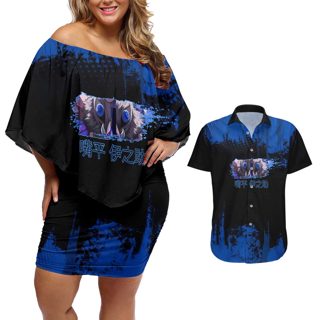 Inosuke Hashibira Demon Slayer Blue Grunge Design Couples Matching Off Shoulder Short Dress and Hawaiian Shirt with Boar Mask and Dual Sword Pose - The Mazicc