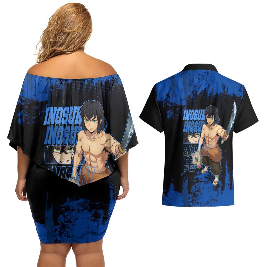 Inosuke Hashibira Demon Slayer Blue Grunge Design Couples Matching Off Shoulder Short Dress and Hawaiian Shirt with Boar Mask and Dual Sword Pose - The Mazicc