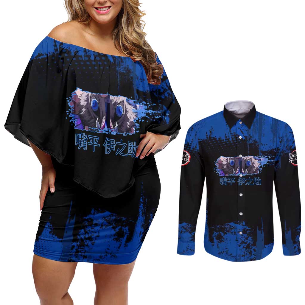 Inosuke Hashibira Demon Slayer Blue Grunge Design Couples Matching Off Shoulder Short Dress and Long Sleeve Button Shirt with Boar Mask and Dual Sword Pose - The Mazicc