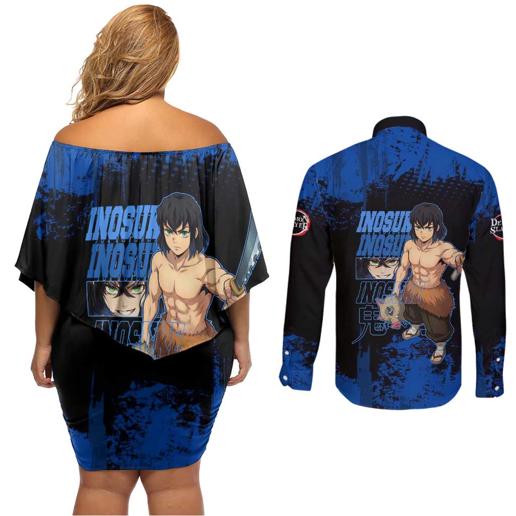 Inosuke Hashibira Demon Slayer Blue Grunge Design Couples Matching Off Shoulder Short Dress and Long Sleeve Button Shirt with Boar Mask and Dual Sword Pose - The Mazicc