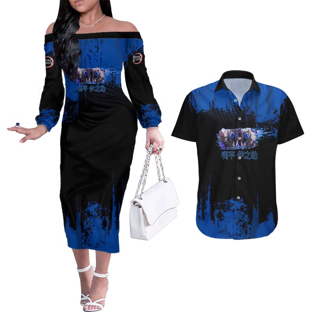 Inosuke Hashibira Demon Slayer Blue Grunge Design Couples Matching Off The Shoulder Long Sleeve Dress and Hawaiian Shirt with Boar Mask and Dual Sword Pose - The Mazicc